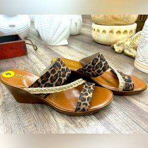 Italian shoemakers leopard and macrame wedge sandals size 9